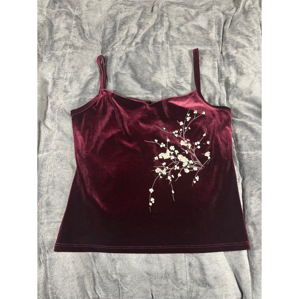 Eye Candy Womens Burgundy Velvet Floral Camisole Top Wine Red Cherry Blossom L